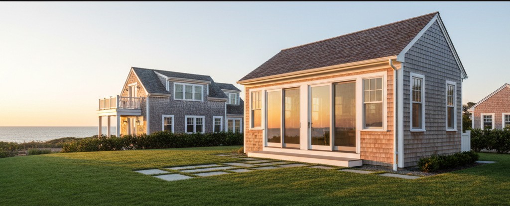 Beautiful detached ADU with cedar shingles at sunset on the New England coast