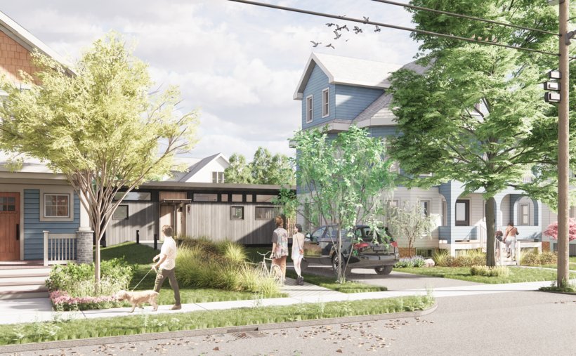 Architectural rendering of an accessory dwelling unit nestled between two New England homes — Massachusetts ADU Design Challenge winning design