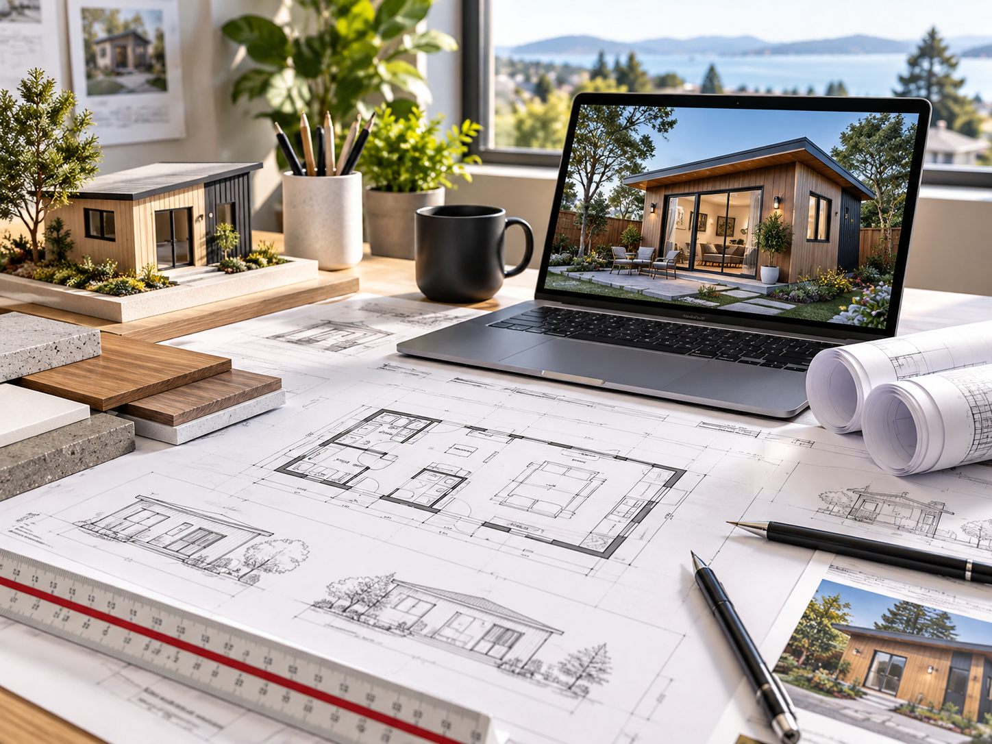 Photorealistic ADU design studio workspace with blueprints, plans, and a backyard ADU rendering
