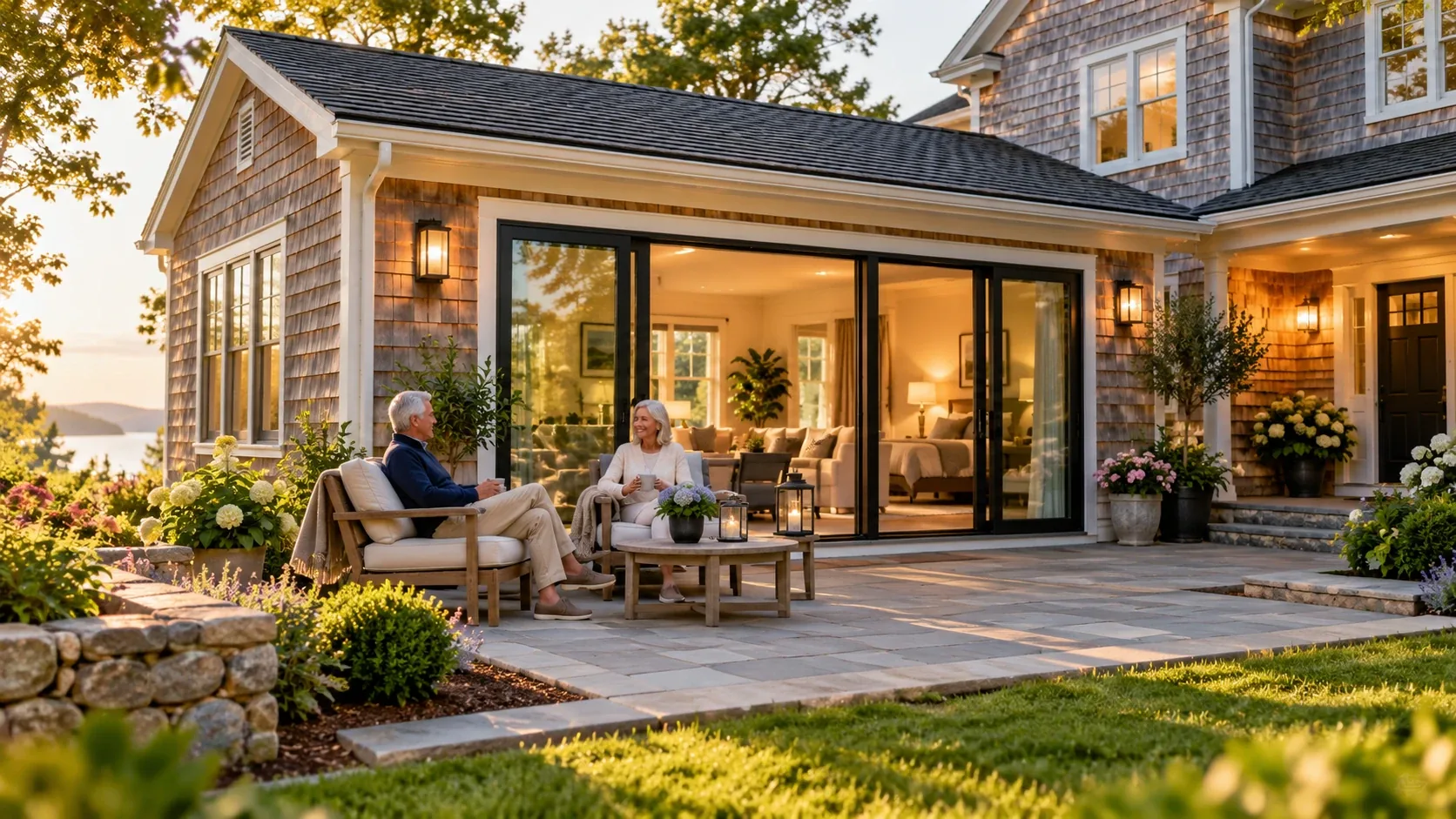 Older adults relaxing beside an accessible New England ADU and the family home