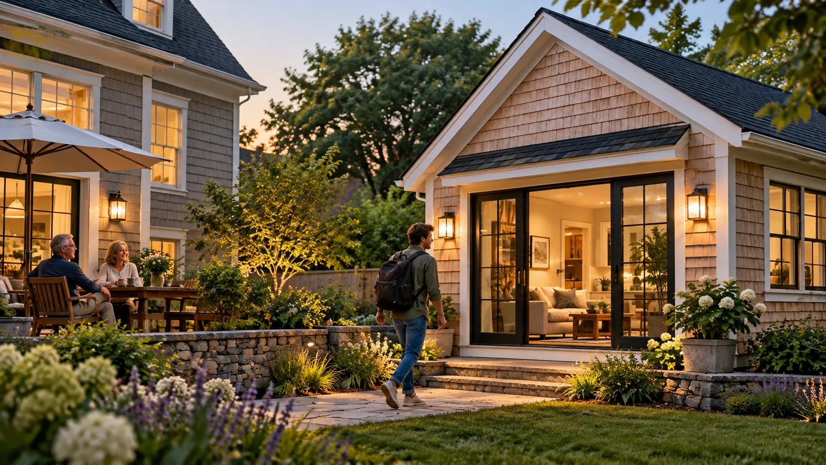 Adult child walking toward a welcoming backyard ADU while family remains close by the main home