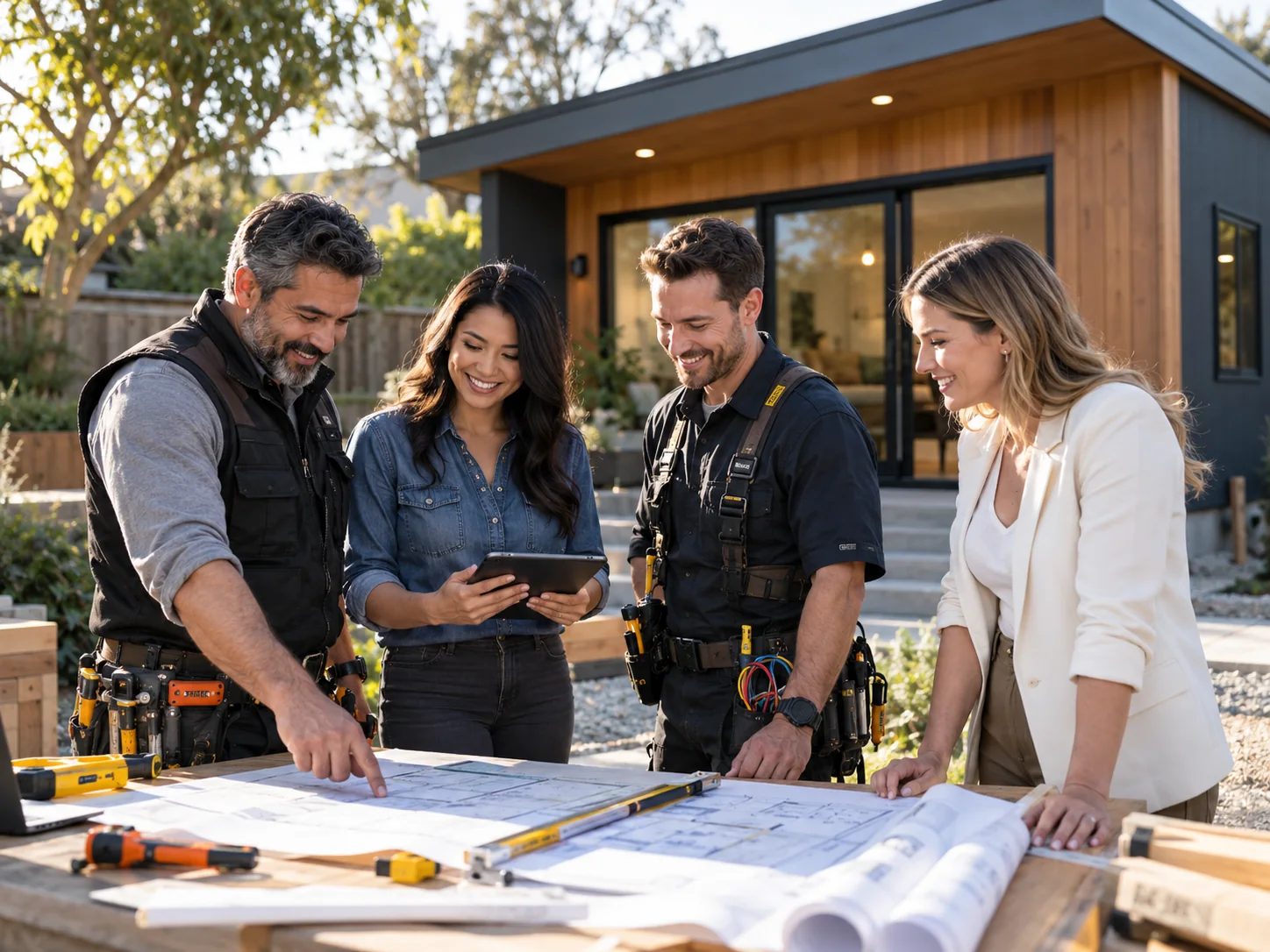 Homeowners and an ADU professional reviewing plans in front of a modern backyard ADU