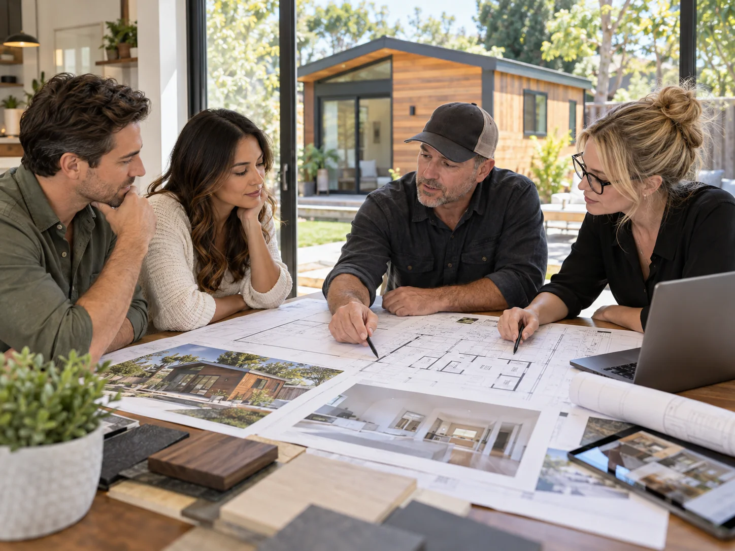 Homeowners, contractor and ADU professionals collaborating around project plans at a design table